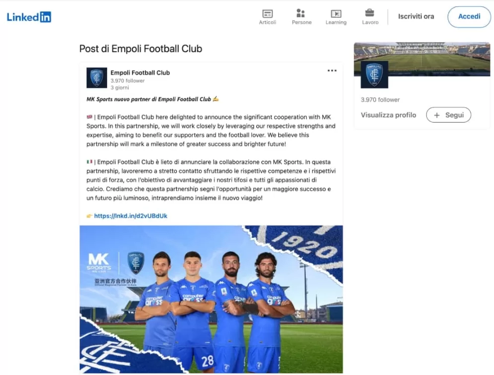 Empili FC trên Linkedin Công bố hợp tác với MK Sport